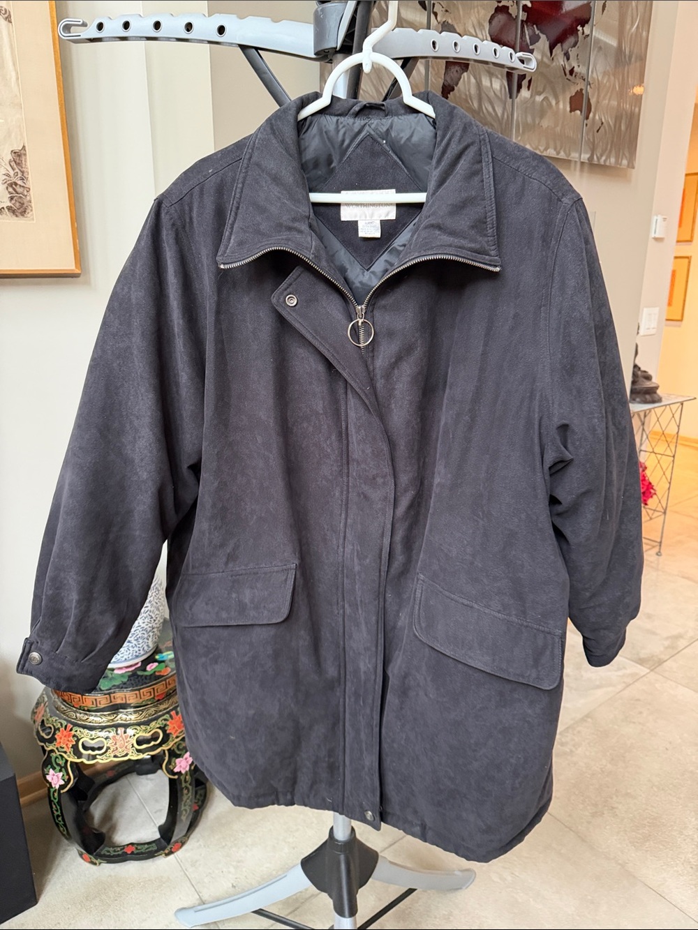 Worthington Black Faux Suede Zip-Front Down Filled Coat Women’s size XL